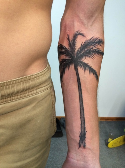 Left Forearm Black And Grey Palm Tree Tattoo