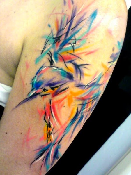 Left Half Sleeve Multicolor Watercolor Colibri Tattoo