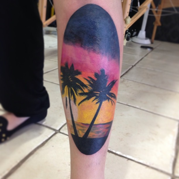 Left Leg Sunset Palm Tree Tattoo