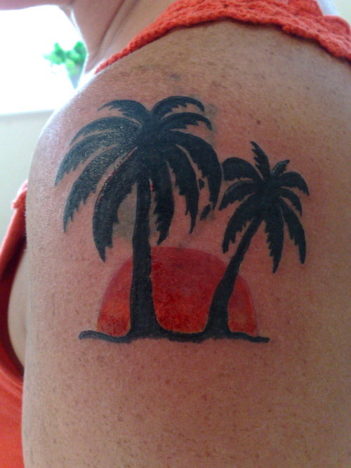 Left Shoulder Black Ink Palm Tree Tattoos