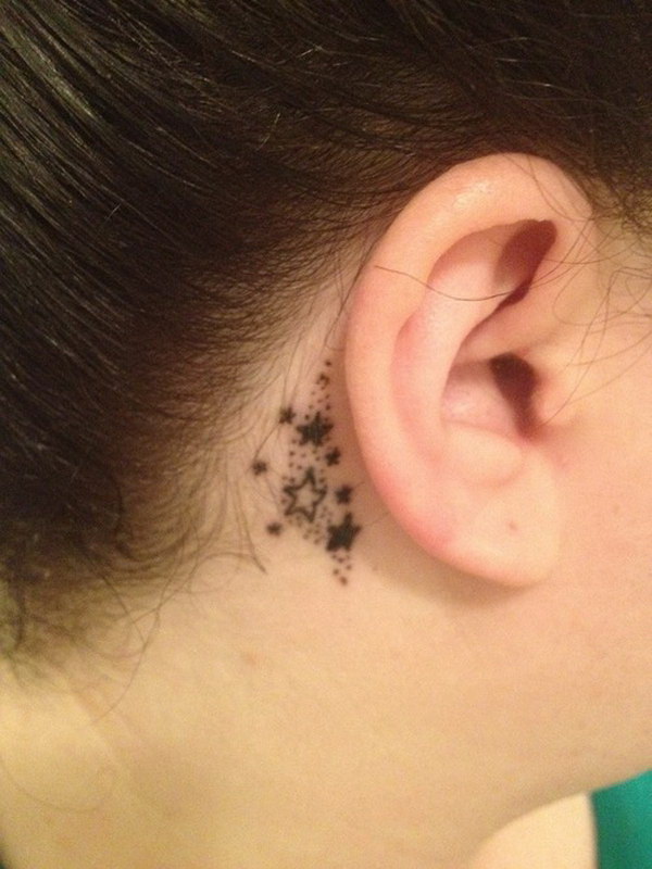 Little Black Ink Stars Tattoo On Girl Right Behind The Ear