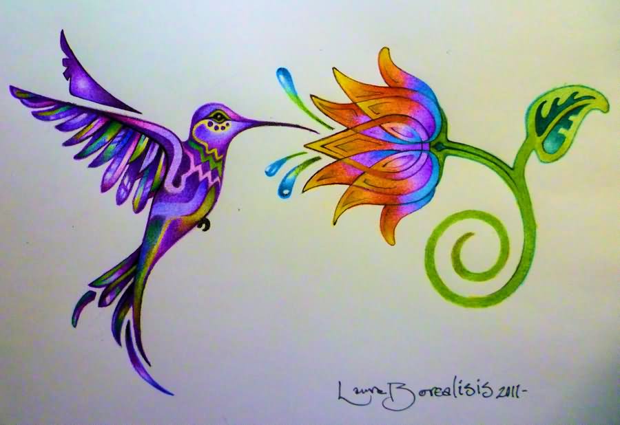 Lotus Flower And Colibri Tattoo Design by Lauraborealisis