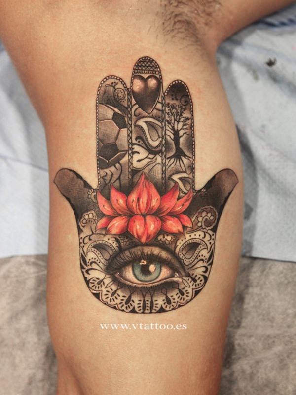 Lotus Flower With Hamsa Tattoo On Bicep
