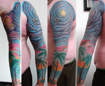 Man Left Sleeve Palm Tree Tattoo