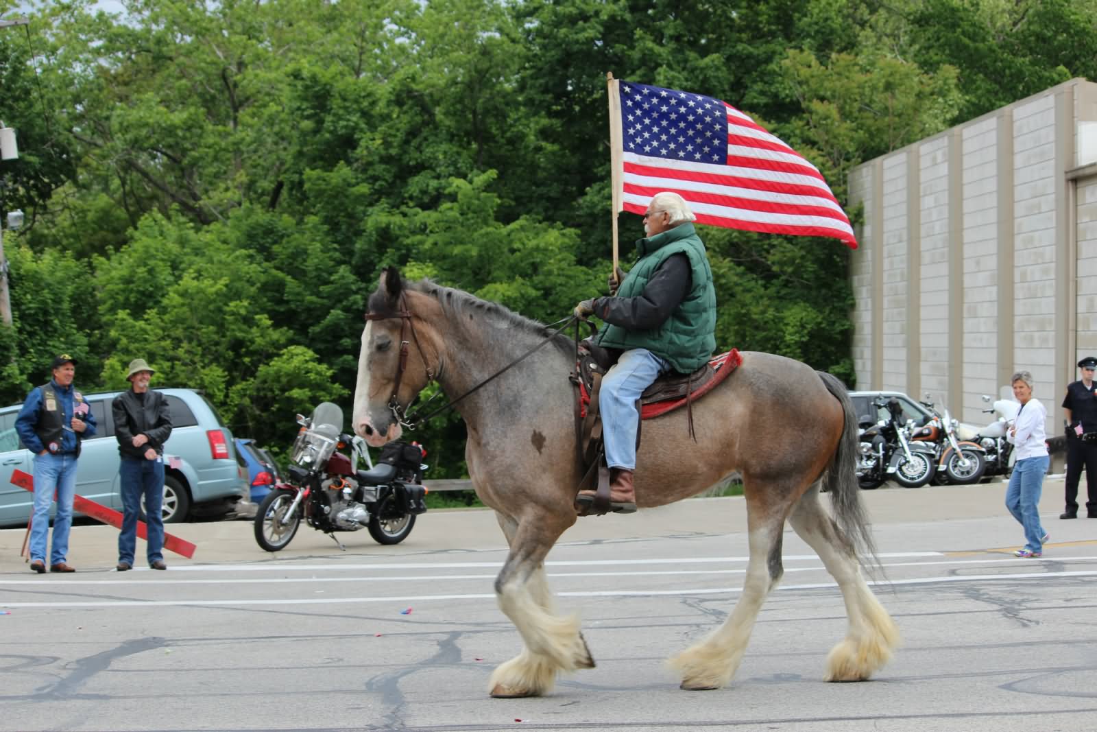 Man On Horse With American Flag During Memorial Day Parade