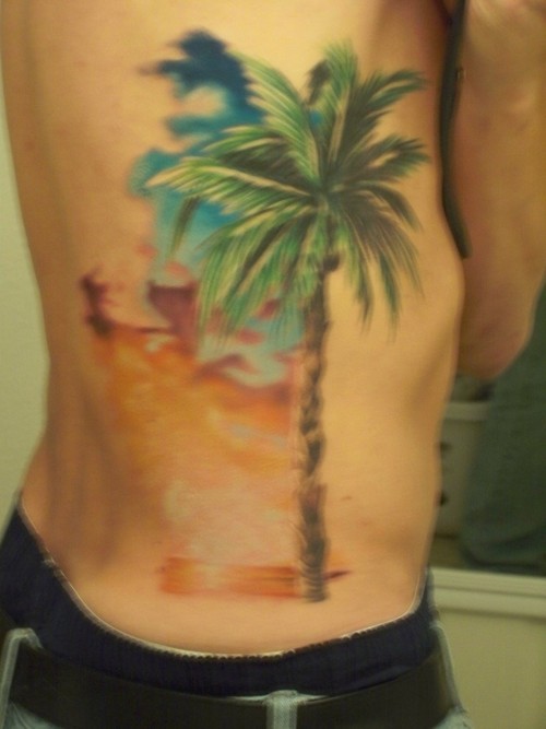 Man Side Rib Colored Palm Tree Tattoo