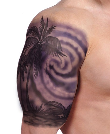 Man With Half Sleeve Palm Tree Tattoo
