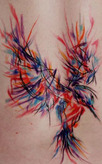 Multicolored Colibri Tattoo On Back