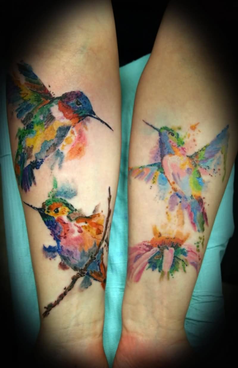 Multicolored Colibri Tattoos On Forearm