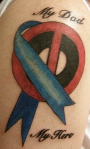 My Dad My Hero - Deadpool Symbol With Ribbon Tattoo Design By Kyle
