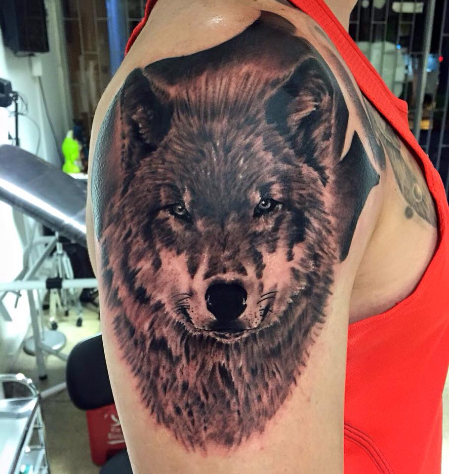 Nice Grey Wolf Head Tattoo On Right Shoulder by Daniel Rozo