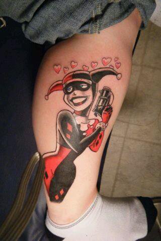 Nice Harley Quinn With Gun Tattoo On Leg Sleeve