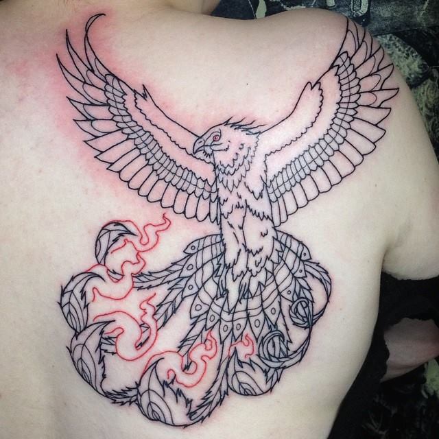 Outline Phoenix Tattoo On Right Back Shoulder
