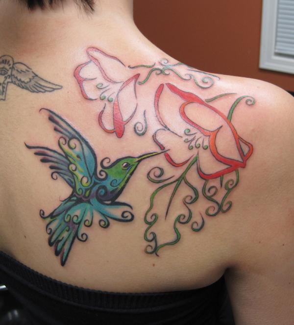 Outline Red Flowers And Tribal Colibri Tattoo