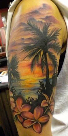 Palm Tree Sunset Tattoo On Right Half Sleeve