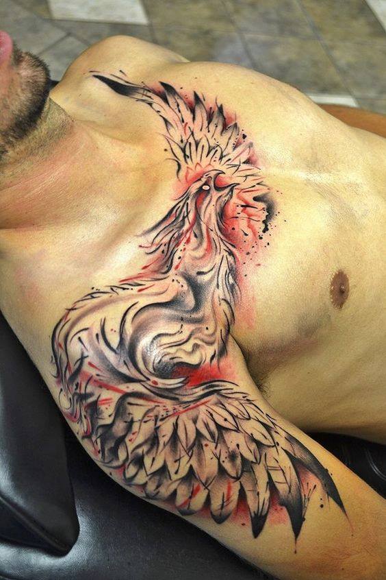 Phoenix Tattoo On Man Front Shoulder And Chest
