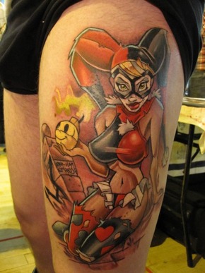 Pin Up Harley Quinn Tattoo On Left Thigh