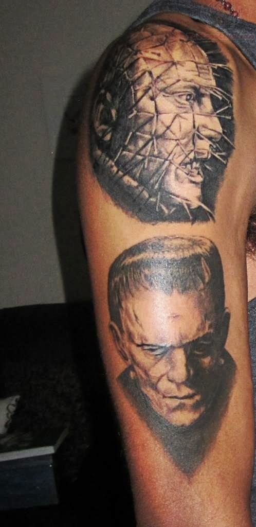 Pinhead And Frankenstein Head Tattoo On Right Half Sleeve