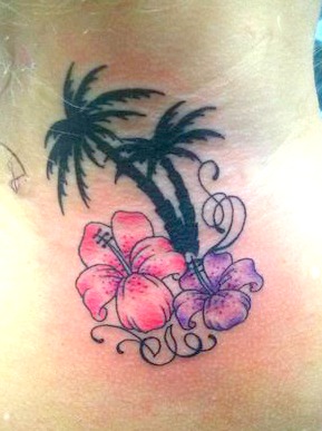 Pink And Purple Flowers Palm Tree Tattoo On Side Neck