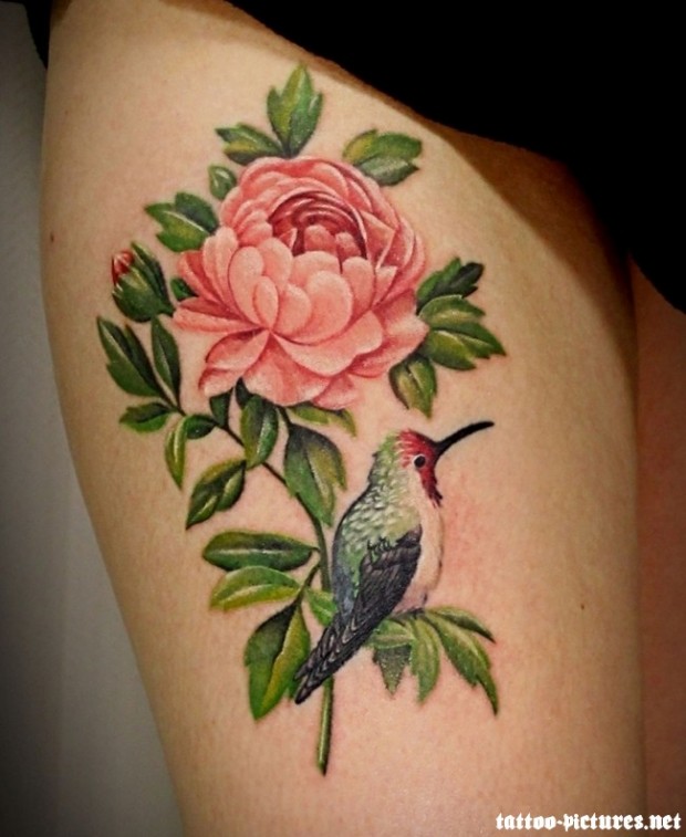Pink Flower And Colibri Tattoo On Right Thigh