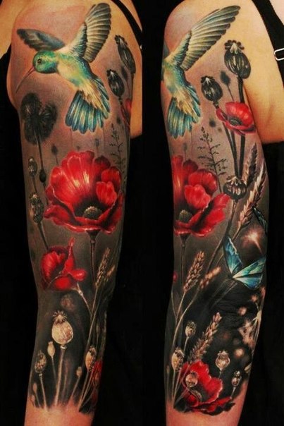 Poppy Flowers And Colibri Tattoo On Left Half Sleeve