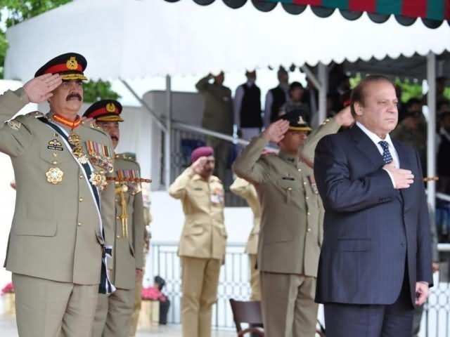Prime Minister Nawaz Sharif And Chief Of Army Saluting The National Flag During Pakistan Independence Day Parade