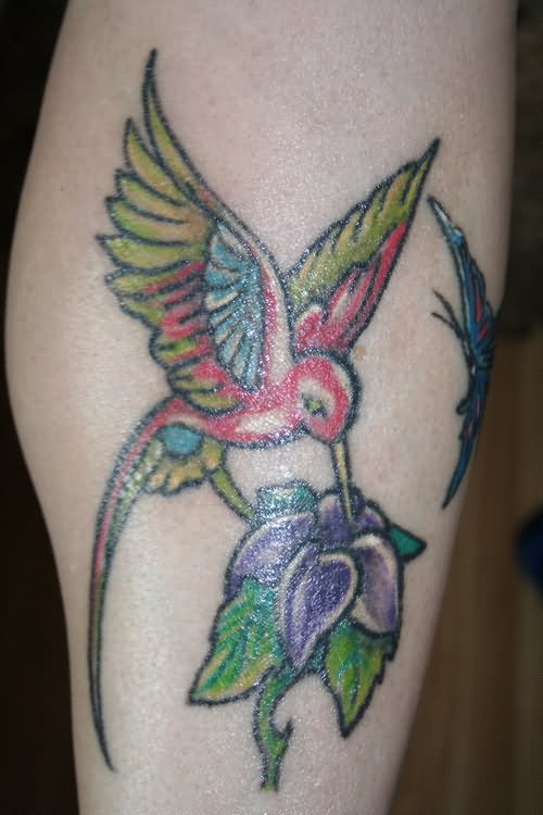 Purple Flower And Colibri Tattoo On Leg