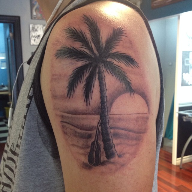 Realistic Palm Tree Tattoo On Left Upper Sleeve