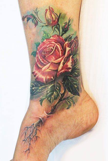 Red Rose Tattoo On Ankle