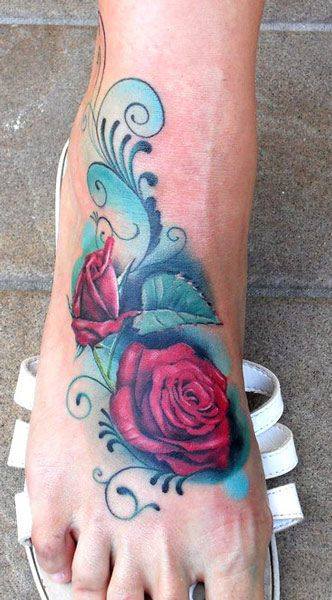Red Rose Tattoos On Right Foot