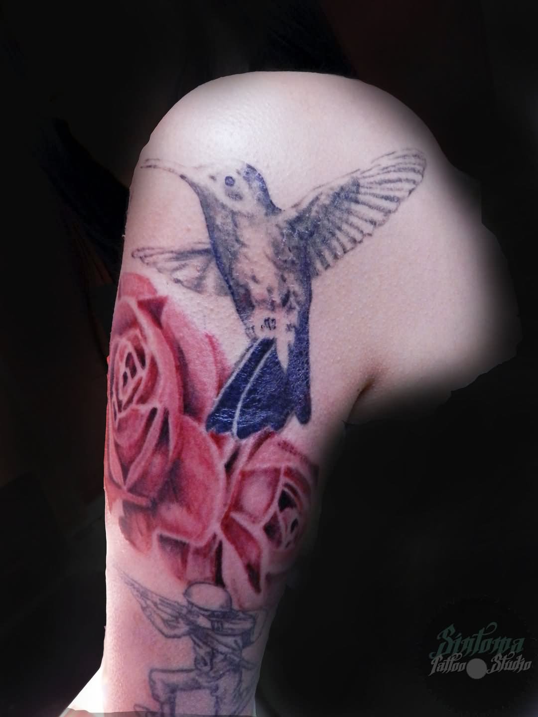 Red Roses And Colibri Tattoo On Left Half Sleeve