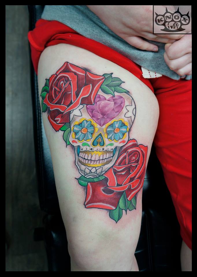 Red Roses And Sugar Skull Tattoo On Thigh