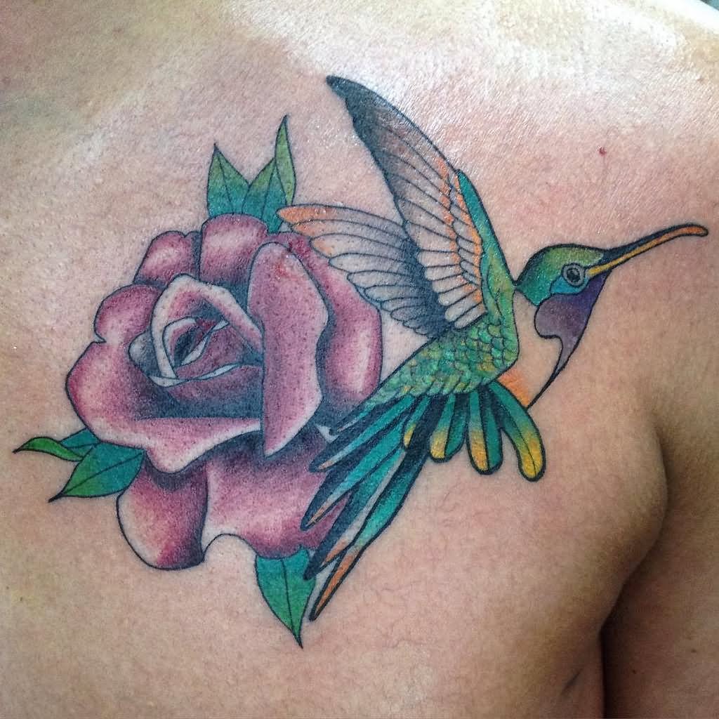 Rose And Colibri Tattoo On Front Shoulder