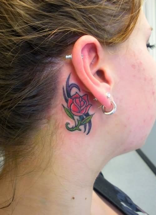 Rose Tattoo On Girl Right Behind The Ear
