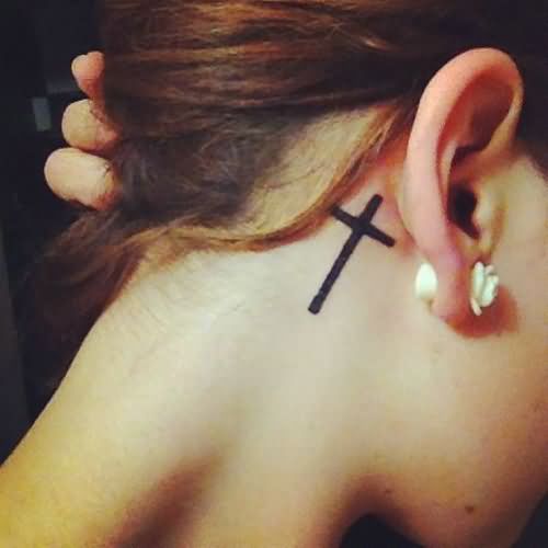 Silhouette Cross Tattoo On Girl Right Behind The Ear
