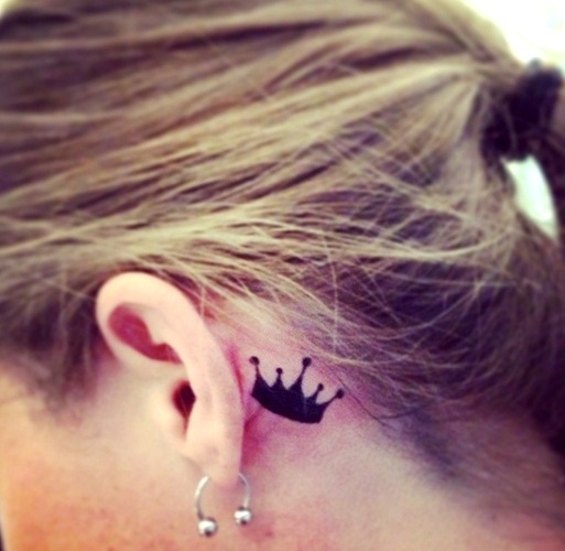 Silhouette Crown Tattoo On Girl Left Behind The Ear