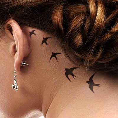 Silhouette Flying Birds Tattoo On Left Behind The Ear