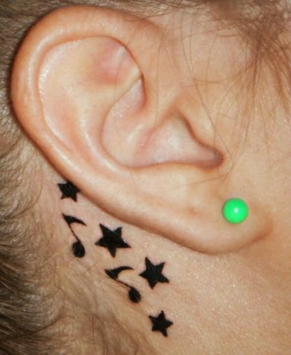 Silhouette Music Knots Tattoo On Right Behind The Ear