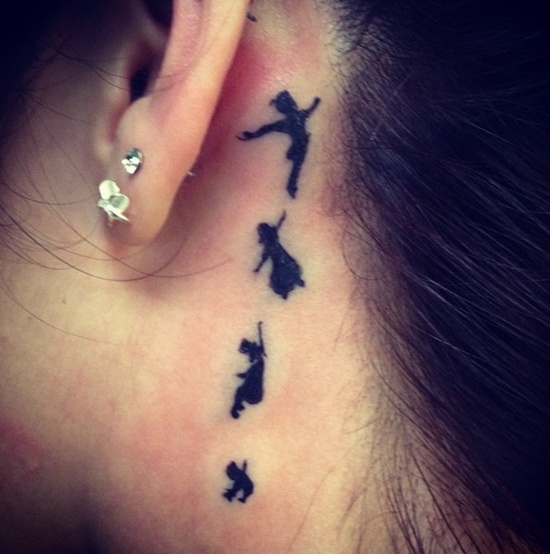 Silhouette Peter Pan Family Tattoo On Girl Left Behind The Ear
