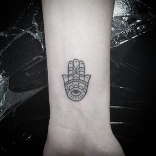 Simple Black Outline Hamsa Tattoo On Wrist By