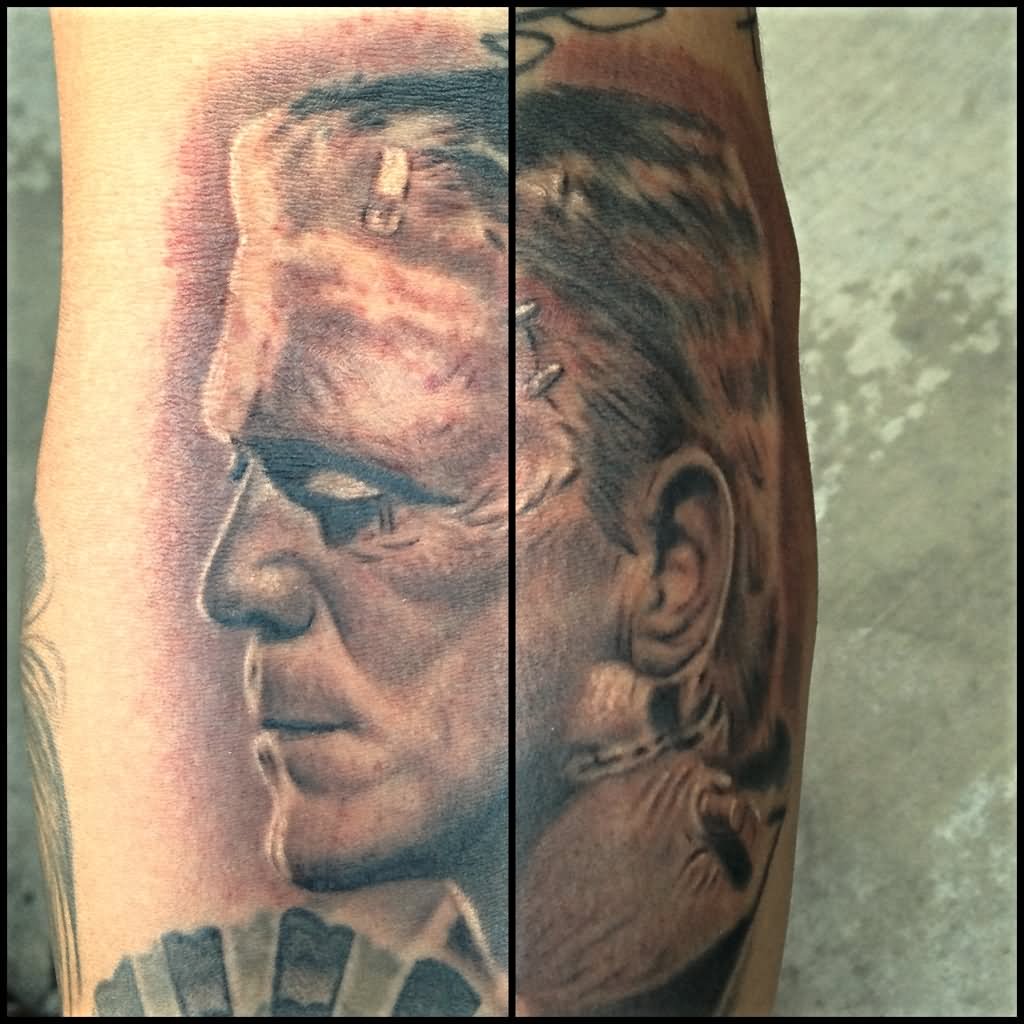 Simple Grey Ink Frankenstein Head Tattoo Design By Carlos Macedo