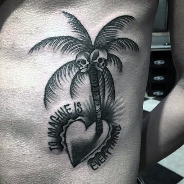 Skulls On Palm Tree Tattoo On Side Rib