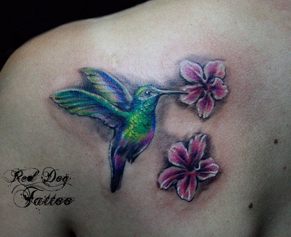 Small Flowers And Colibri Tattoo by Red Dog
