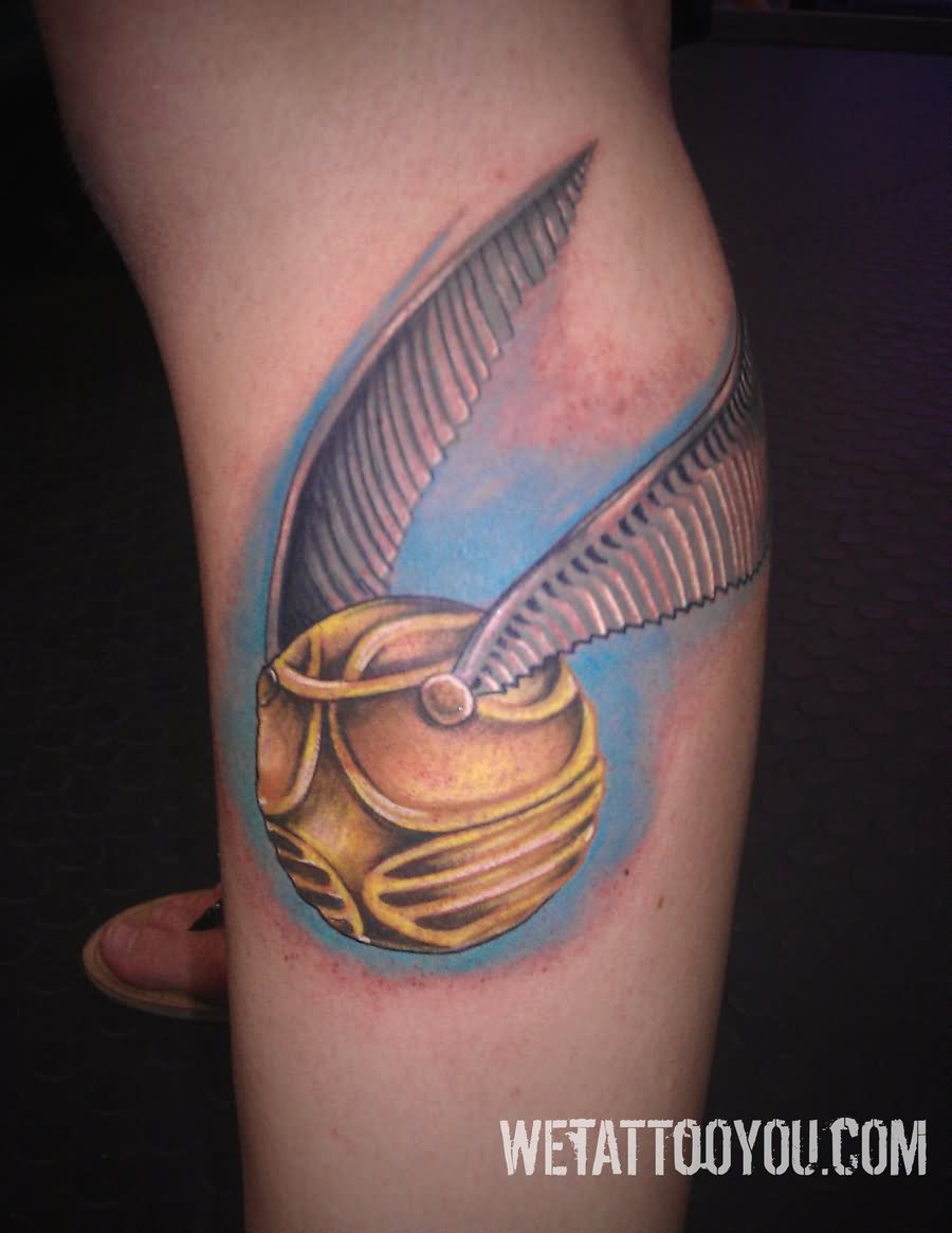 Snitch Tattoo On Left Leg Calf By Gustavo Duarte
