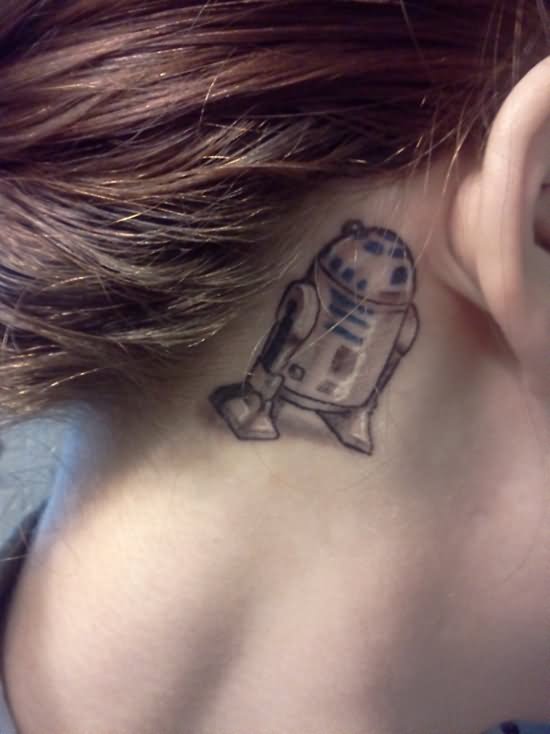 Star War R2D2 Tattoo On Girl Right Behind The Ear