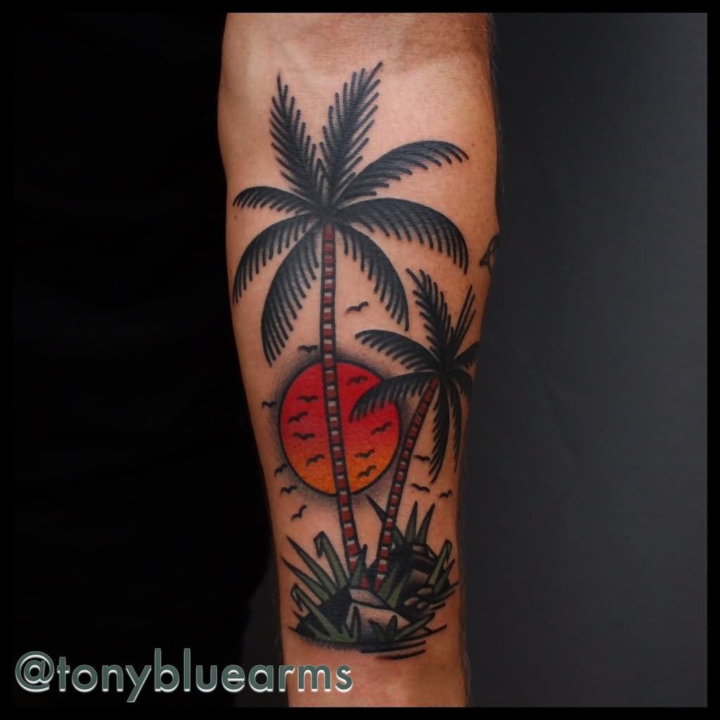 Sunset And Traditional Palm Tree Tattoo Design