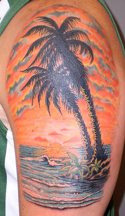Sunset Beach View Palm Tree Tattoo On Left Shoulder