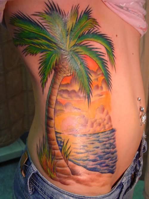 Sunset On Beach With Palm Tree Tattoo On Side Rib