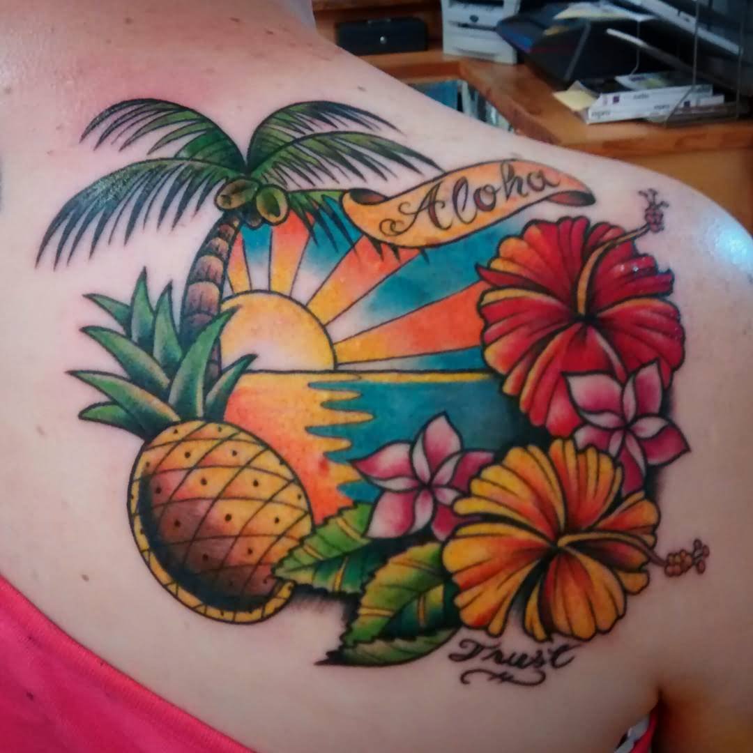 Sunset View Palm Tree Tattoo For Girls