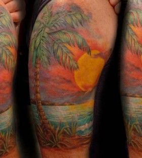Sunset View Palm Tree Tattoo On Right Half Sleeve